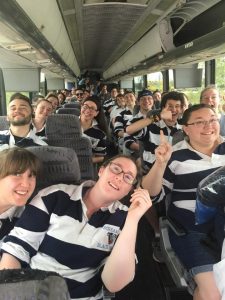 members of the pep band and dance team traveling in Austin, Texas