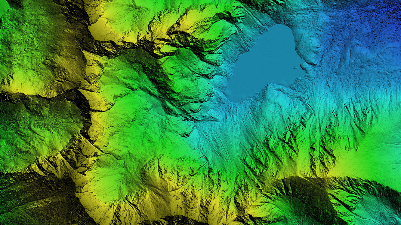 Color-coded elevation terrain with mountains and valleys