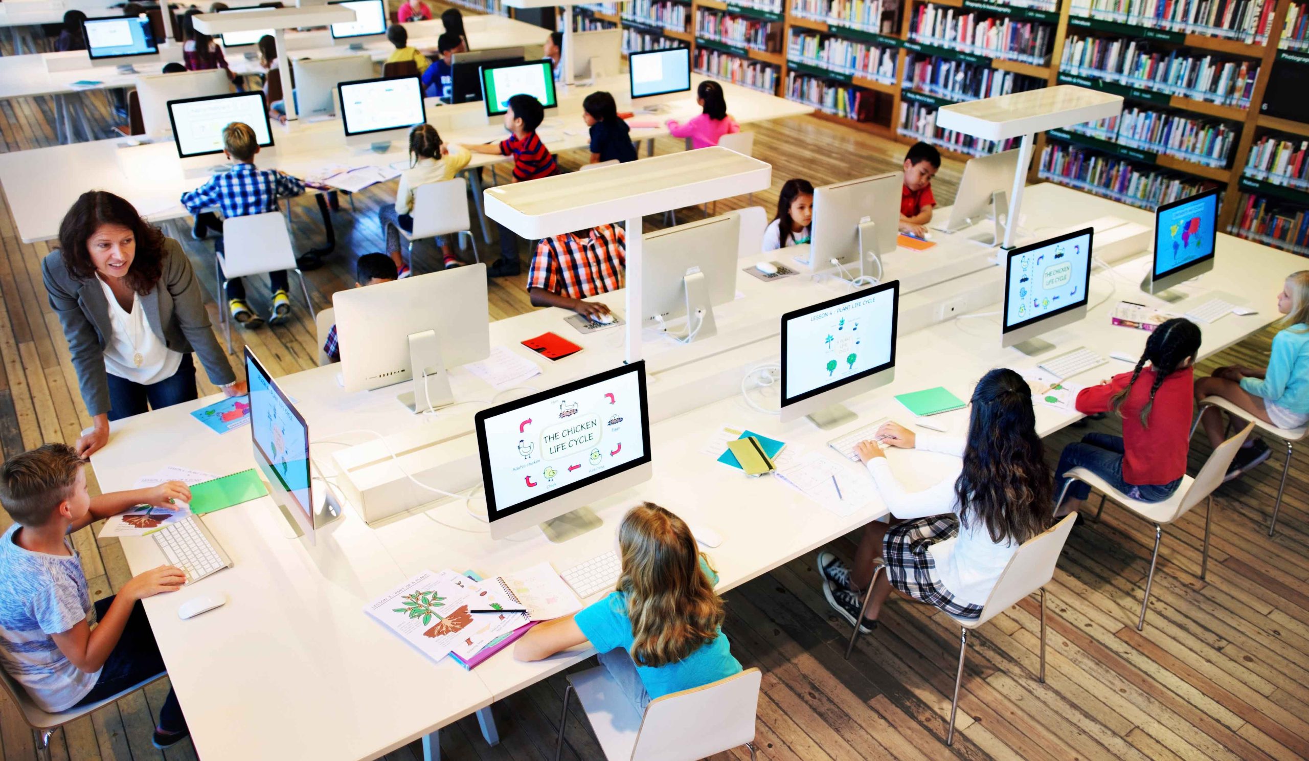 Young children working on computers in a computer classroom