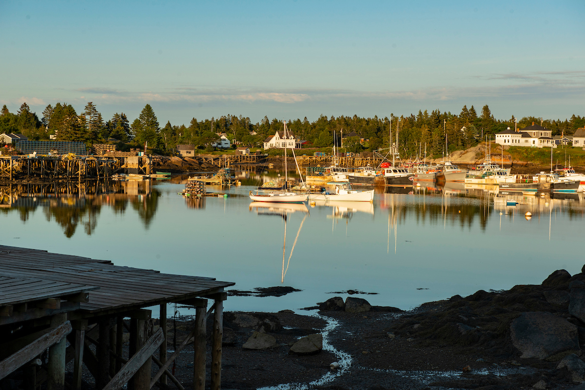 A photo of a coastal harbor