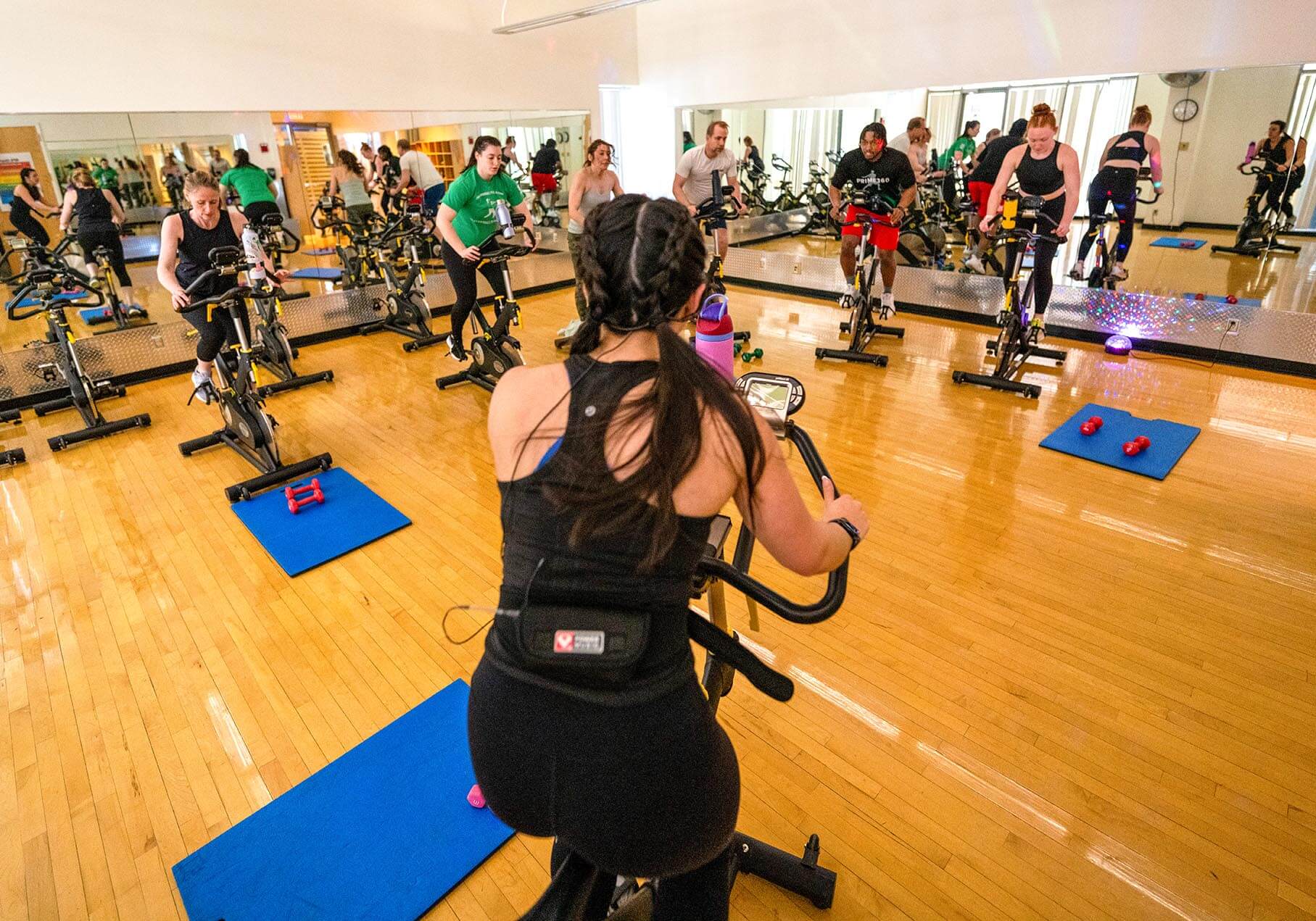 A photo of a group exercise class at UMaine New Balance Student Recreation Center