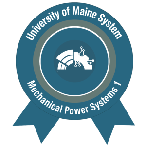The AMC B.O.T. Loft Level 3 Macro Badge for Mechanical Power Systems 1, issued by the University of Maine System. Circular ribbon design features a stylized robotic arm and circuit icon, with text reading “University of Maine System” and “ Mechanical Power Systems 1”