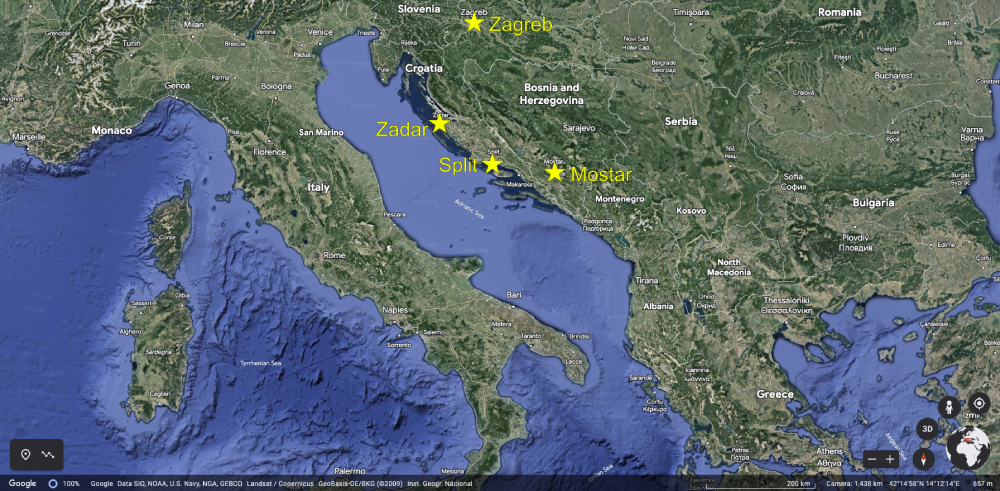 Map of Zadar (home base for the program) and other locations to be visited during the course.