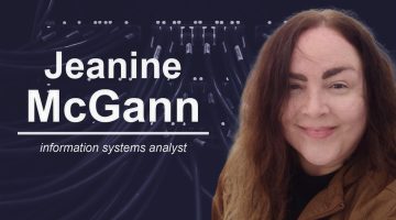 Photo of Jeanine McGann on blue background with text that reads Jeanine McGann, information systems analyst