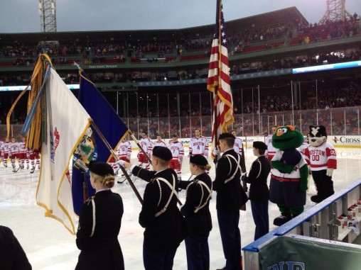 UMaine Army ROTC Color Guard Team presenting the colors at Frozen Fenway.