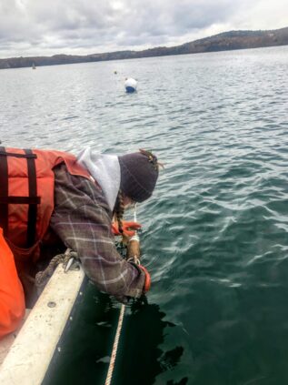 Student deploys seed on kelp line