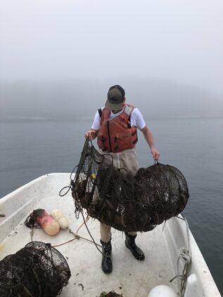 Student lifts scallop net into boat