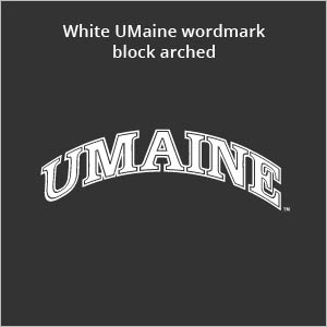 White UMaine wordmark block arched