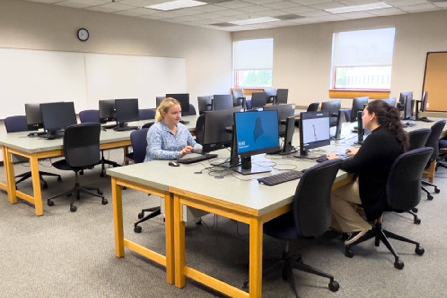 Two business students working in a computer lab
