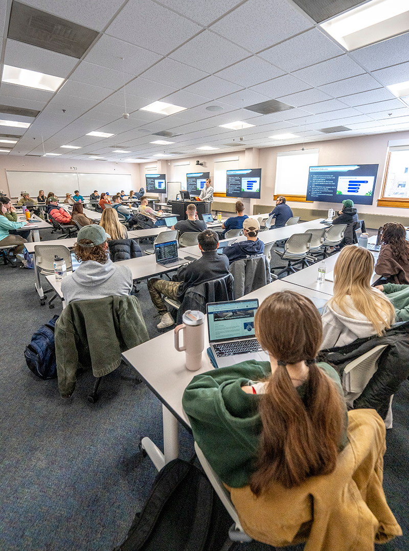 Inside of a classroom at the Maine Business School