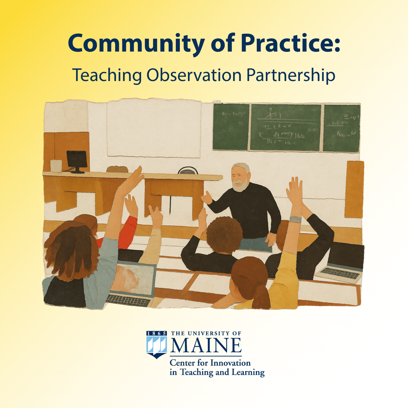 A faculty member lecturing inthe background and students raising hands in the foreground.