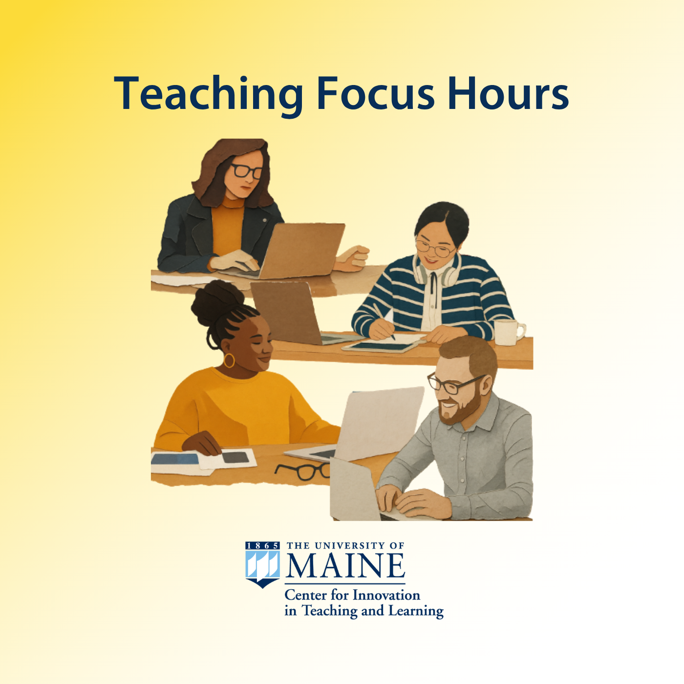 Four faculty members sitting at tables and on their laptops.