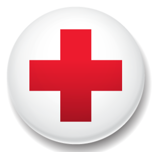 White circle with a red cross in the center