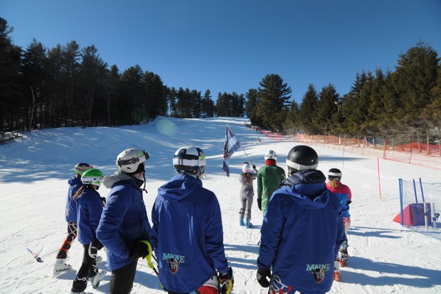 A photos of a group looking at a skiing hill