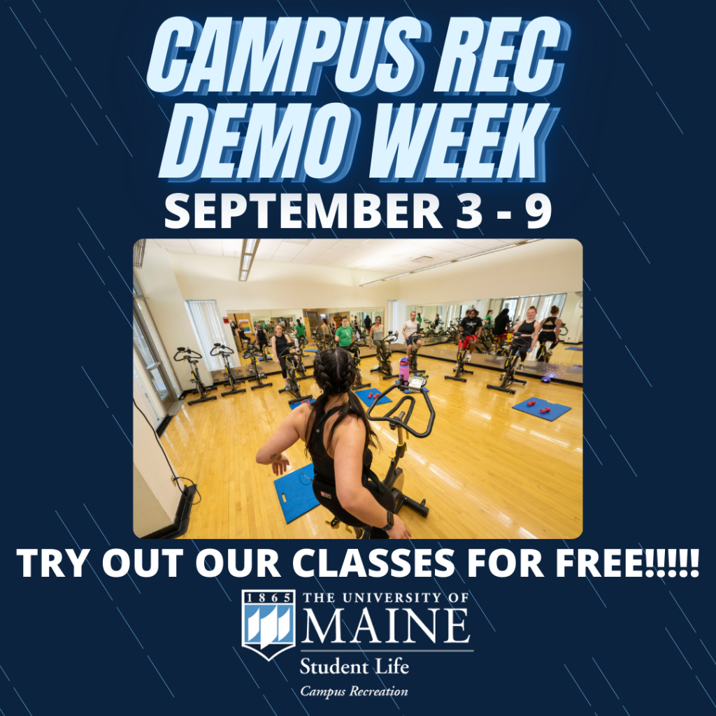 Campus Rec Demo Week Sept 3rd to 9th. All classes are free!
Photo of a spin class.