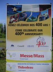 Nova Scotia sign announcing Acadian World Congress and Thibodeau Family Reunion, August, 2004