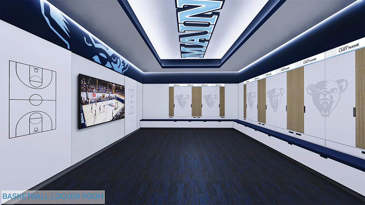 A rendering of a basketball team locker room in Morse Arena