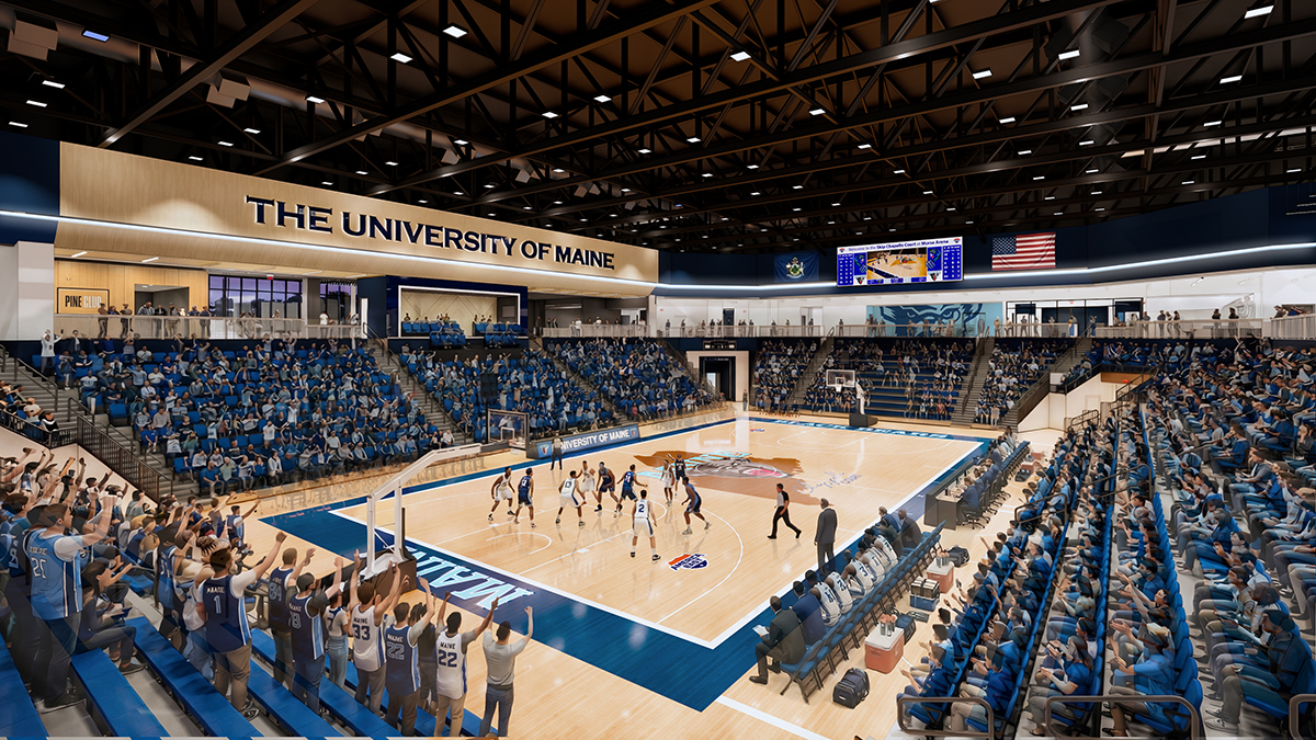 A rendering of the basketball court and bowl seating in Morse Arena.