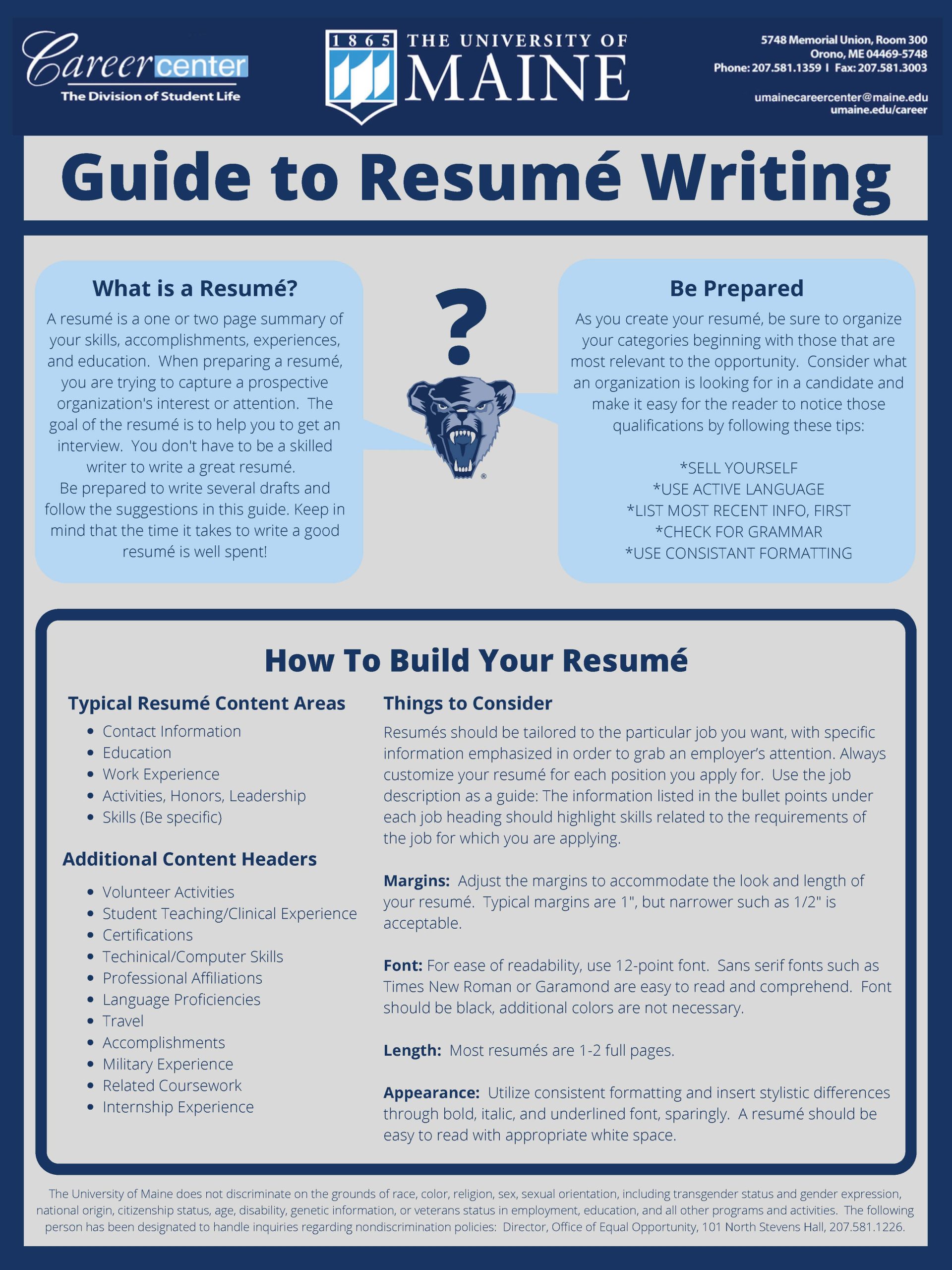 UMaine Career Center Resume Guide. Click the link to access the PDF of this guide.