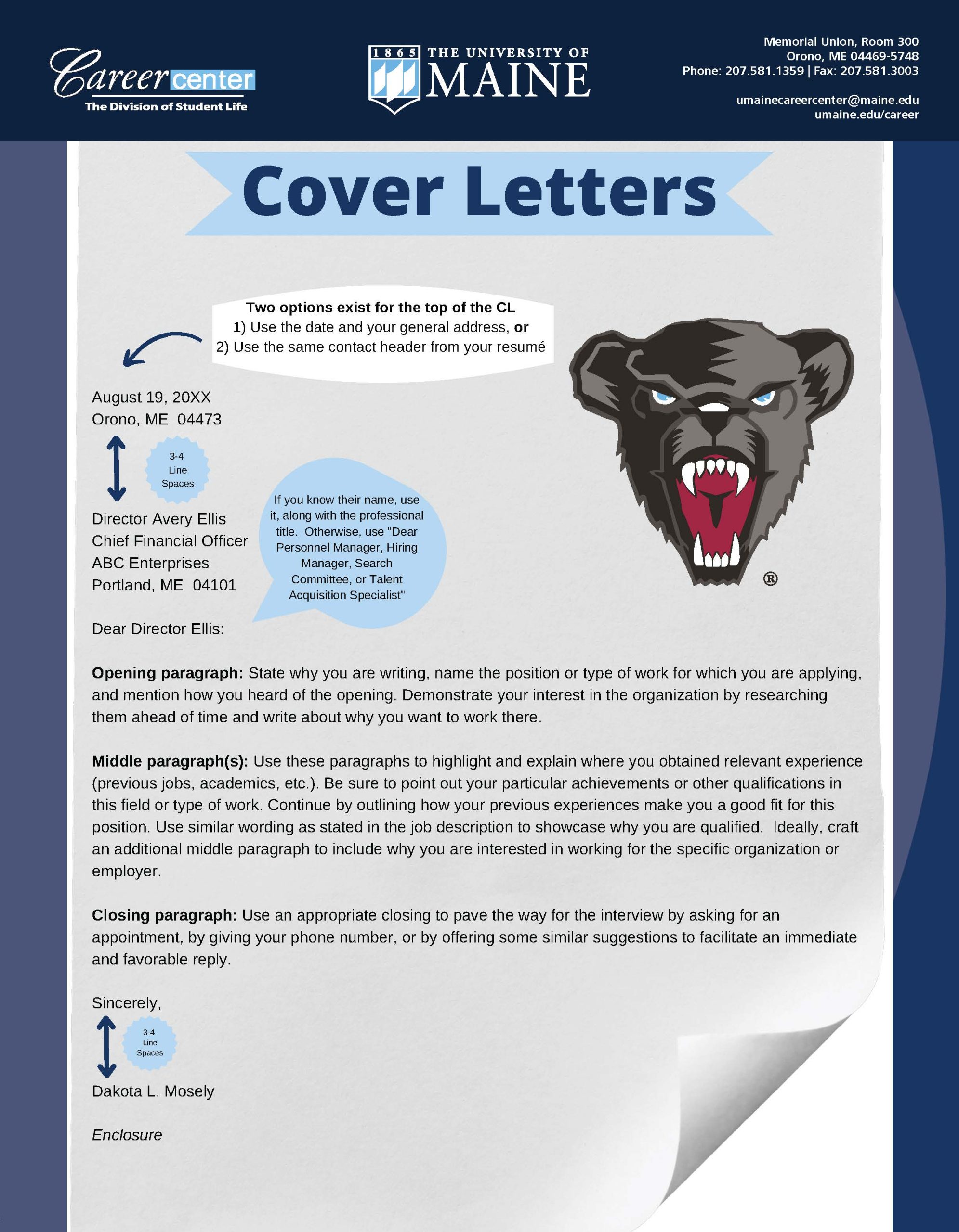 UMaine Career Center Cover Letter Guide. Click the link to access the PDF of this guide.