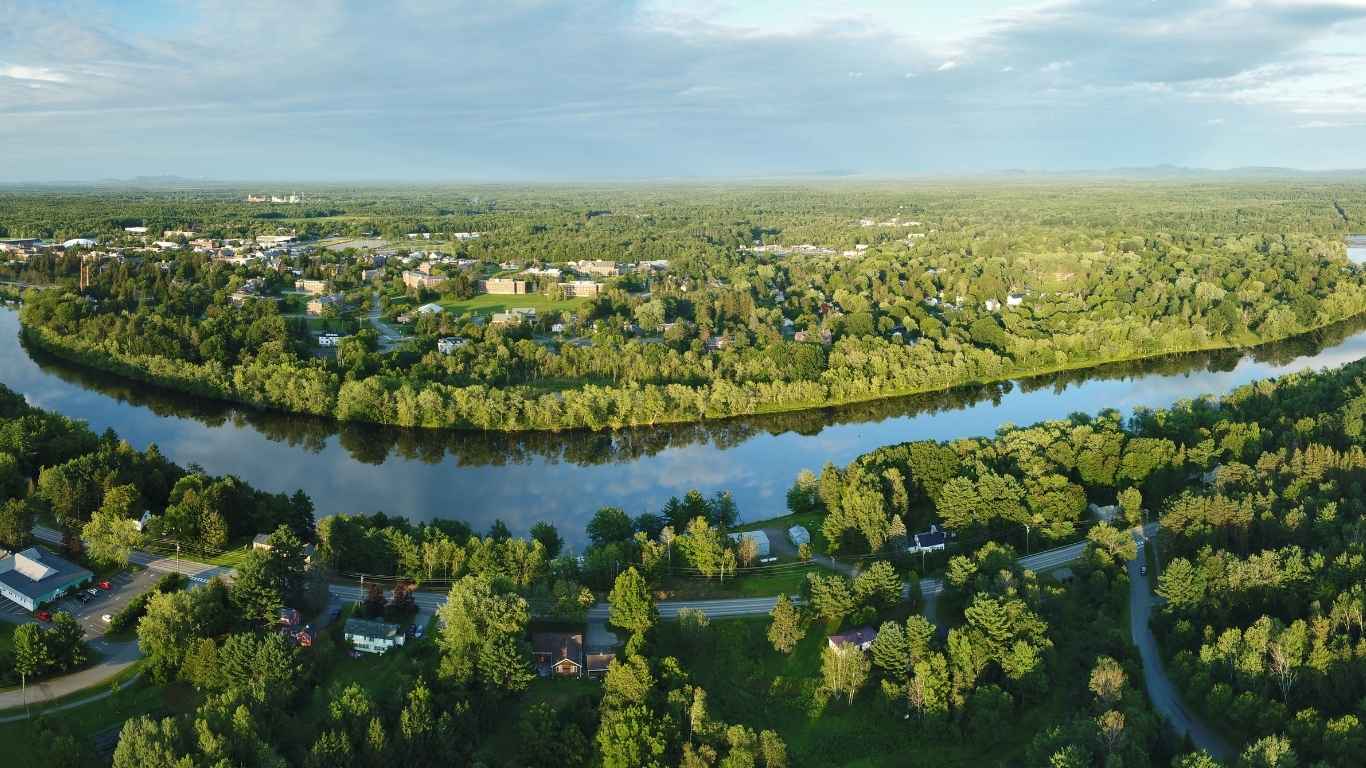 An aerial view of the UMaine campus in Orono with the Stillwater river in the forefront. 