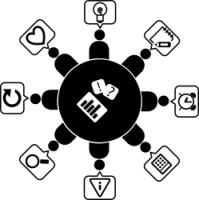 a black and white icon of bodies working around a circular table with various ideas as though bubbles.