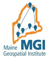 An outline of the state of Maine with the letters MGI Maine GeoSpatial Institute
