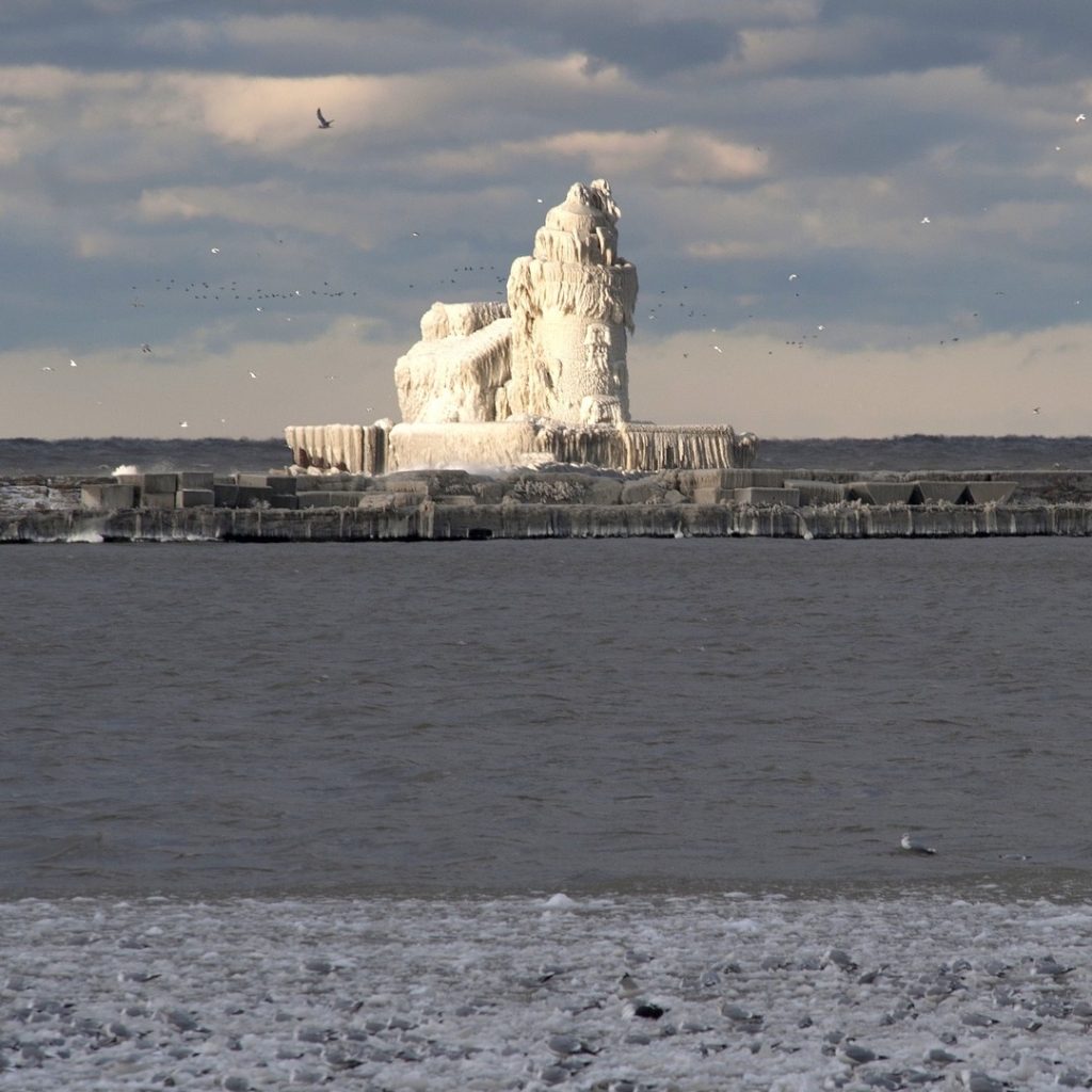 Frozen lighthouse in Cleveland, Ohio