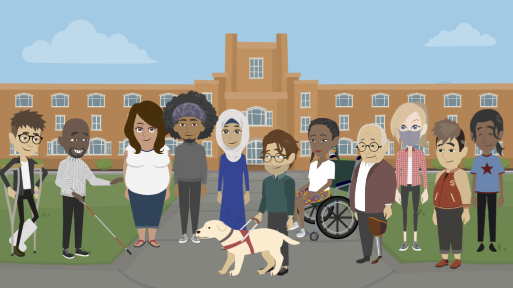 Illustrated picture of 11 people of all ages, races and abilities standing outside on what appears to be a school or college campus.