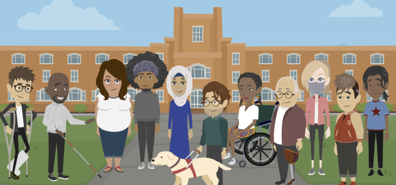 Illustrated picture of 11 people of all ages, races and abilities standing outside on what appears to be a school or college campus.