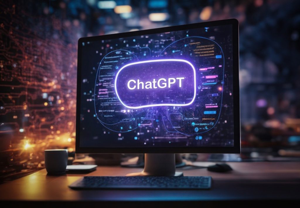 a AI generated image of a computer monitor in a dark room with the words ChatGPT ion the screen in purple