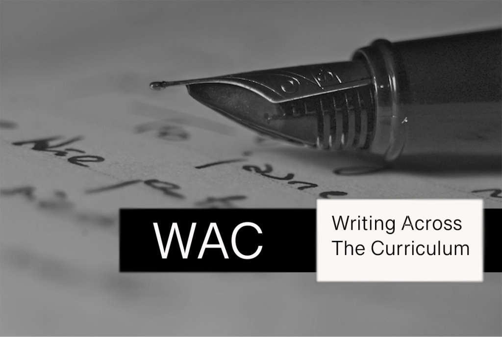 Photo of an old fashion ink pen laying on a piece of paper with a black banner with white lettering saying WAC