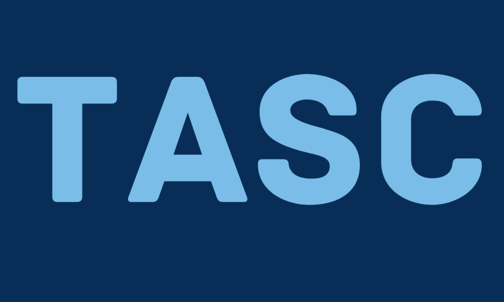 The letters T A S C in light blue with dark blue background