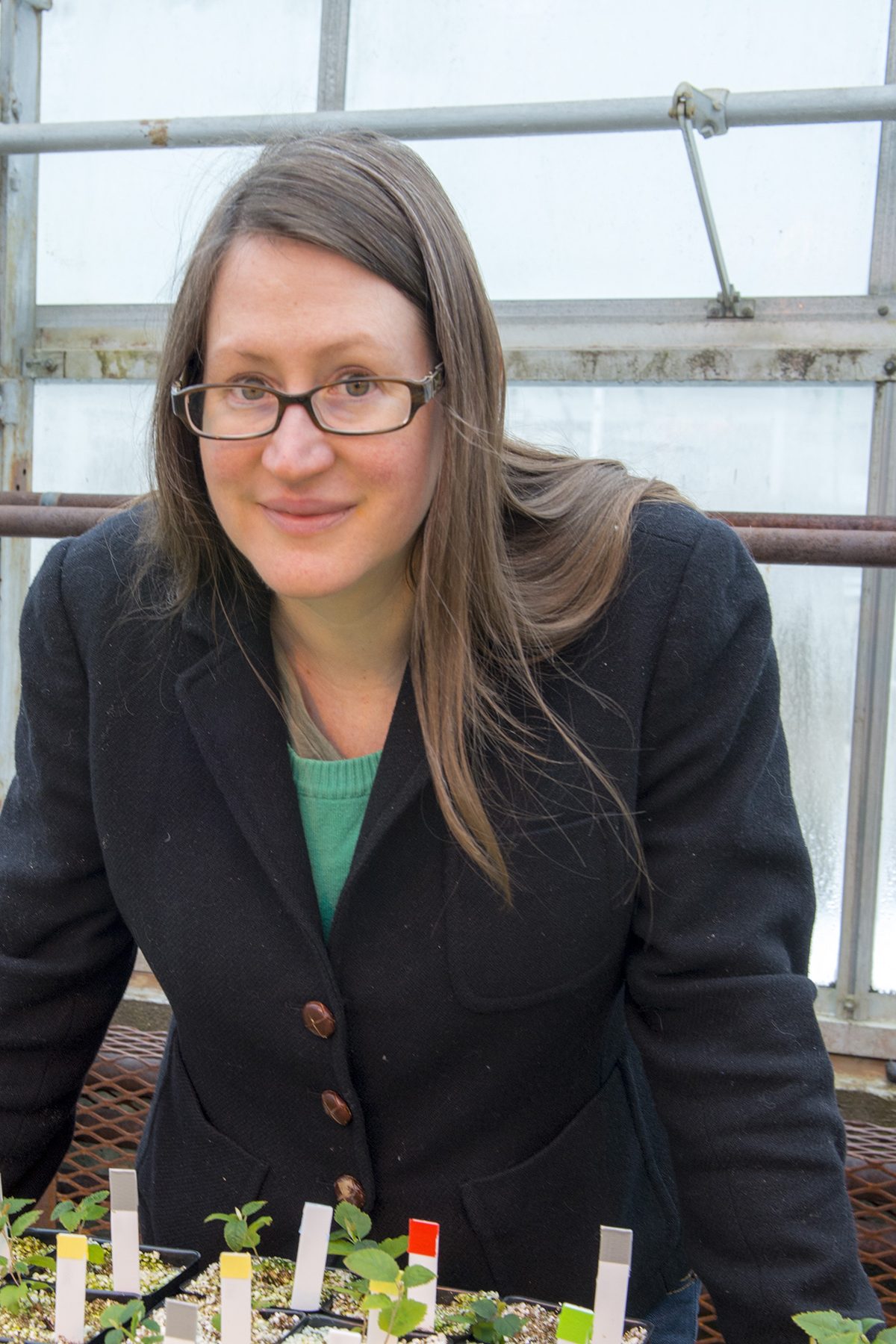 Photograph of Professor stephanie burnett standing behind seedlings