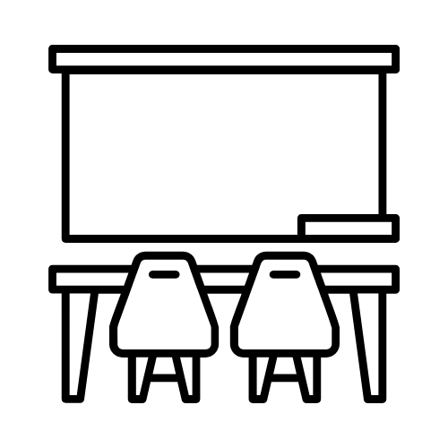 graphic of classroom setting with a whiteboard in the background and a table with two chairs in the foreground