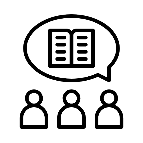three people with a speech bubble and a book inside it