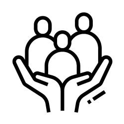 a black and white icon of hands holding a group of people