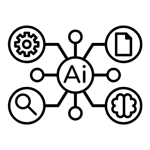 Web with the letters "AI" in the middle branching off to images with a gear, a paper, a magnifying glass and a brain.