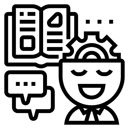 A cartoon of a person with a gear on the top of their head, two conversation bubbles and an open textbook