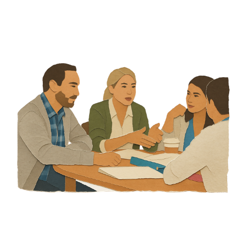 Four people sitting at a table having a discussion