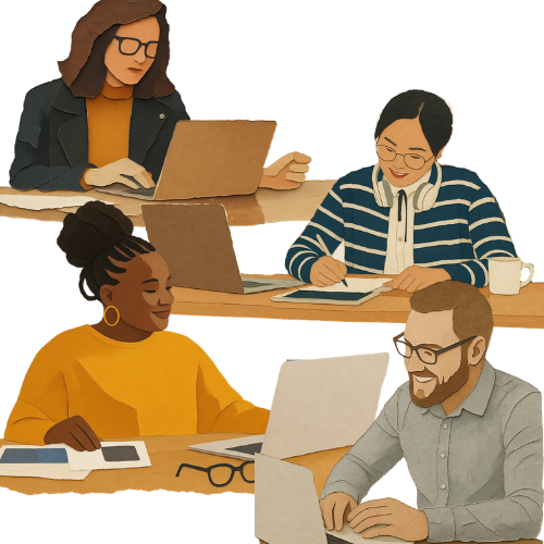 Four faculty members working on their own but in the same space with their laptops.