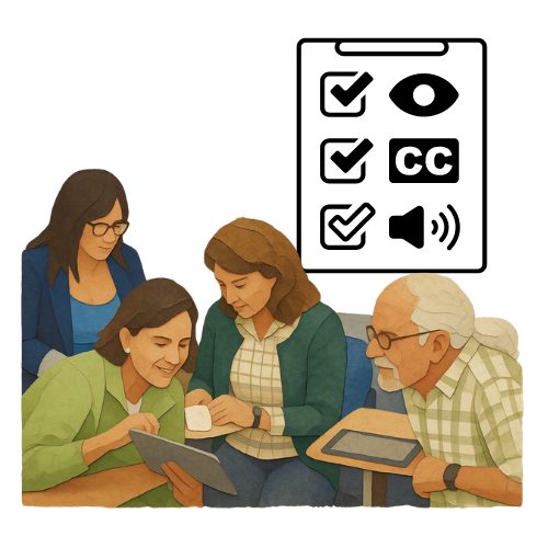 Four faculty members working together. Two are looking at a tablet and the other two are talking in the background. There is also an icon in the top right that has three ADA symbols: an eye, a closed caption sign and a hearing symbol.