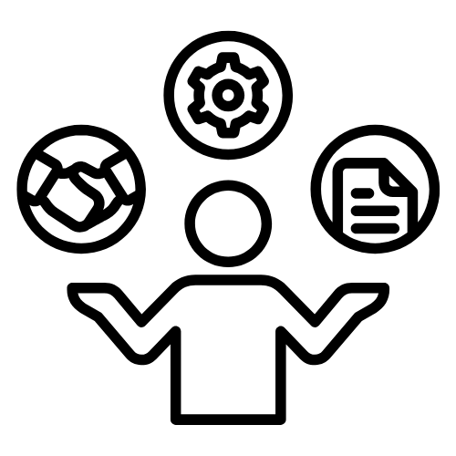 Figure juggling three balls. One with shaking hands, one with a gear and one with a piece of paper