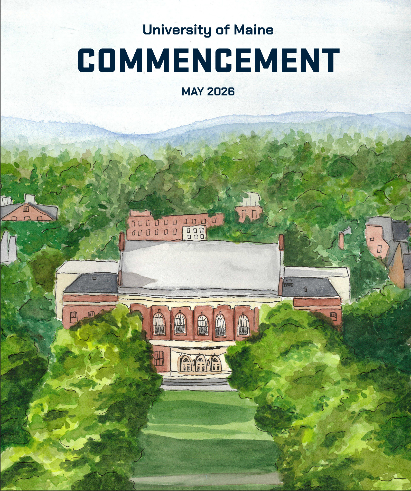 The cover of the UMaine commencement program with a watercolor rendering of Fogler Library and the text "University of Maine Commencement May 2026)