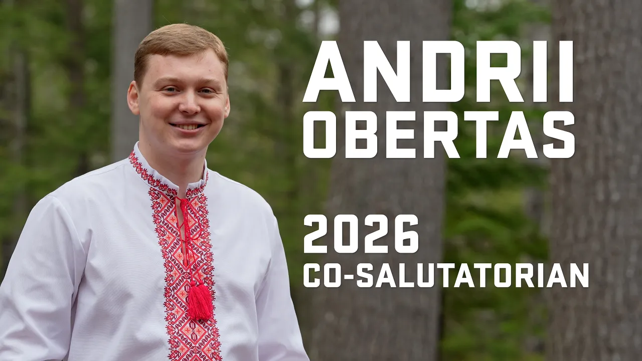 A photo of Andrii Obertas with the text "Andrii Obertas 2026 Co-Salutatorian"