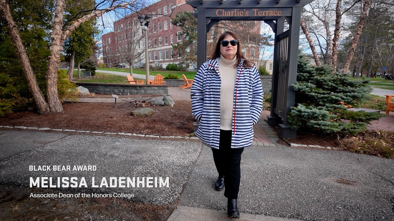 A photo of Melissa Ladenheim with the text "Black Bear Award Melissa Ladenheim Associate Dean of the Honors College"