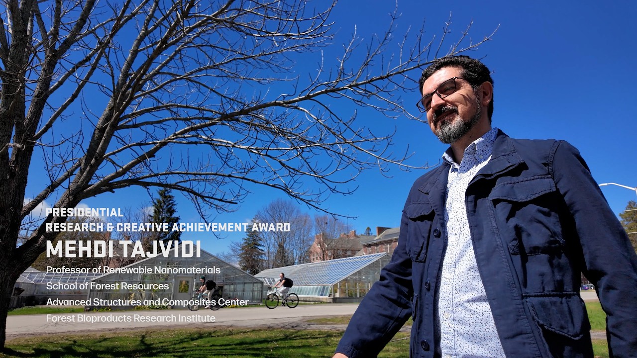 A photo of Mehdi Tajvidi with the text "Presidential Research & Creative Achievement Award Mehdi Tajvidi" with a list of the places he works