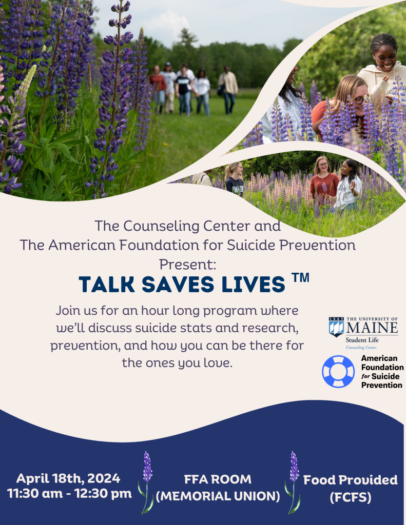 Talk Saves Lives Flier Suicide Prevention Event "Join us for an hour long program where we’ll discuss suicide stats and research, prevention, and how you can be there for the ones you love."