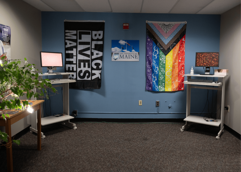Counseling Center computer room. BLM flags and LGBTQ+ flags on wall
