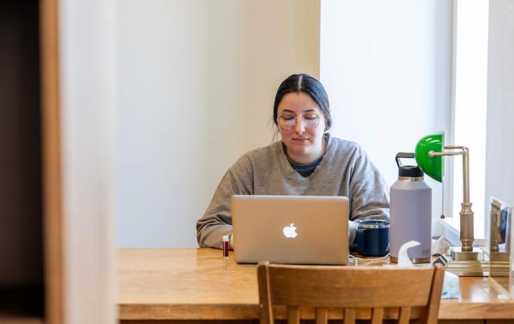 A photo of a girl working on a laptop